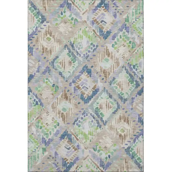 Beige Green And Blue Geometric Washable Area Rug With UV Protection Photo 3
