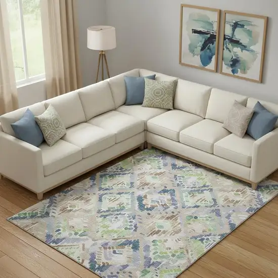 Beige Green And Blue Geometric Washable Area Rug With UV Protection Photo 2