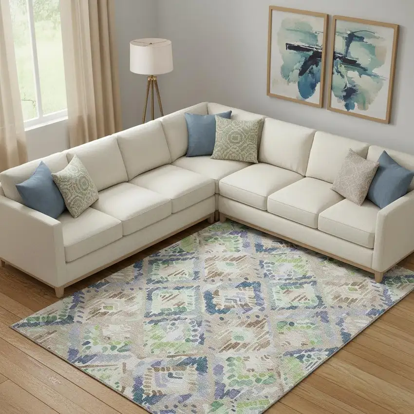 Beige Green And Blue Geometric Washable Area Rug With UV Protection Photo 2