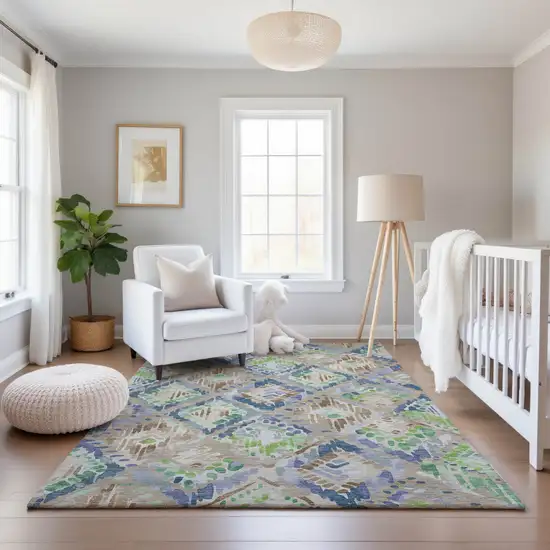 Beige Green And Blue Geometric Washable Area Rug With UV Protection Photo 5