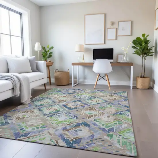 Beige Green And Blue Geometric Washable Area Rug With UV Protection Photo 4