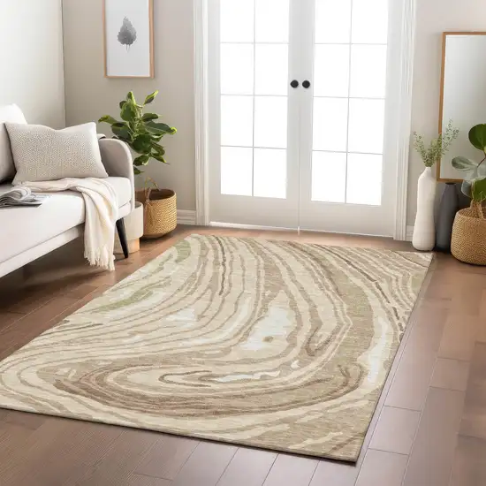 Beige Green And Brown Abstract Washable Indoor Outdoor Area Rug Photo 9
