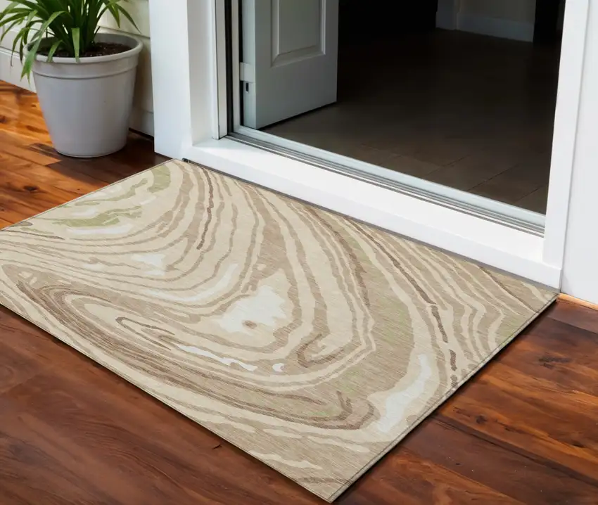 Beige Green And Brown Abstract Washable Indoor Outdoor Area Rug Photo 1