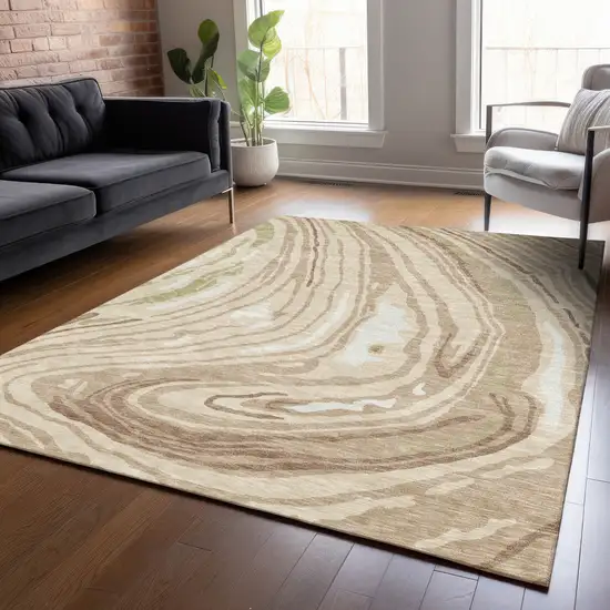 Beige Green And Brown Abstract Washable Indoor Outdoor Area Rug Photo 8