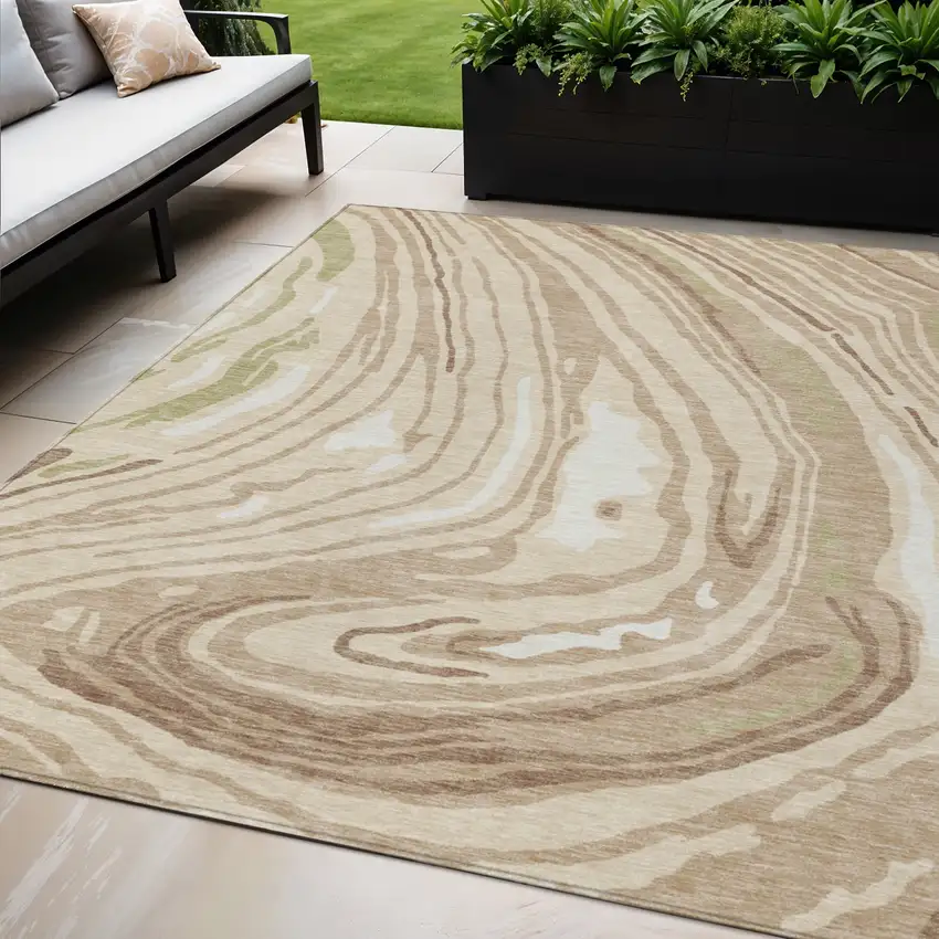 Beige Green And Brown Abstract Washable Indoor Outdoor Area Rug Photo 1