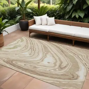 Photo of Beige Green And Brown Abstract Washable Indoor Outdoor Area Rug