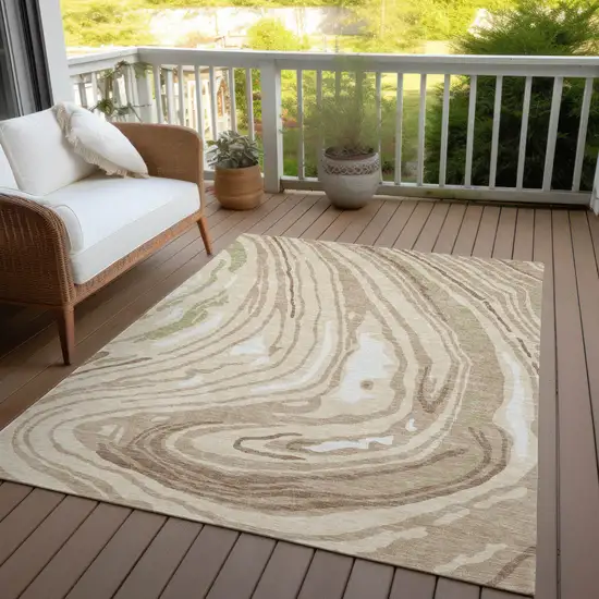 Beige Green And Brown Abstract Washable Indoor Outdoor Area Rug Photo 7
