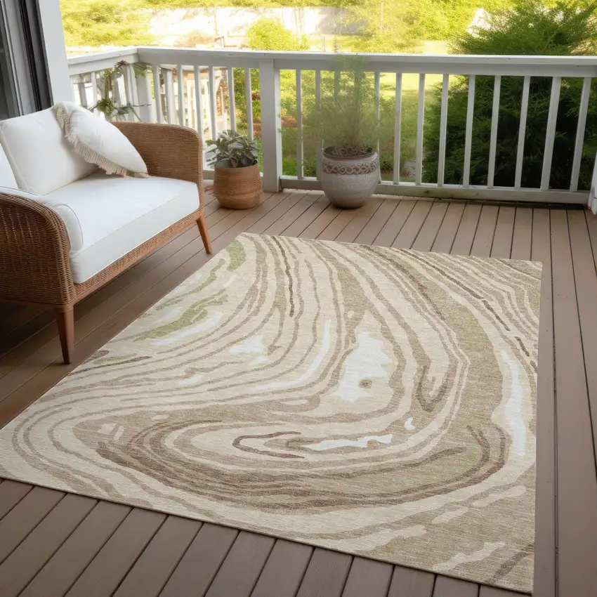 Beige Green And Brown Abstract Washable Indoor Outdoor Area Rug Photo 7