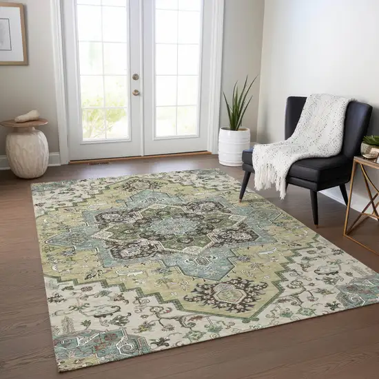 Beige Green And Brown Oriental Washable Indoor Outdoor Area Rug Photo 9