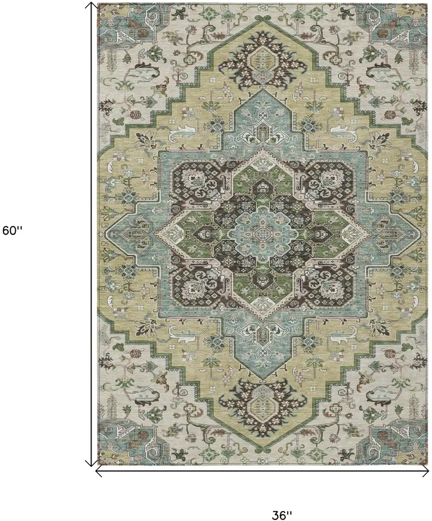 Beige Green And Brown Oriental Washable Indoor Outdoor Area Rug Photo 3