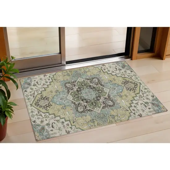 Beige Green And Brown Oriental Washable Indoor Outdoor Area Rug Photo 1