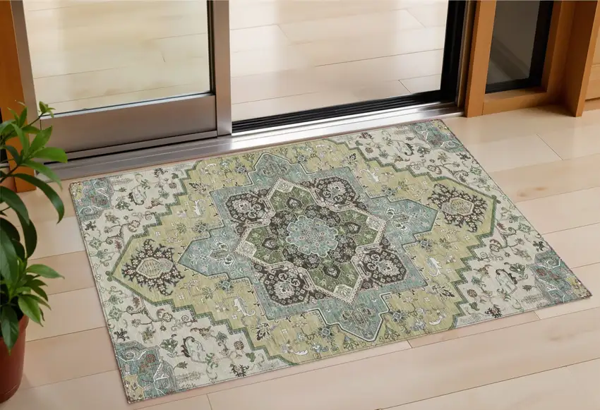 Beige Green And Brown Oriental Washable Indoor Outdoor Area Rug Photo 1