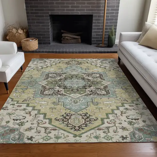 Beige Green And Brown Oriental Washable Indoor Outdoor Area Rug Photo 9