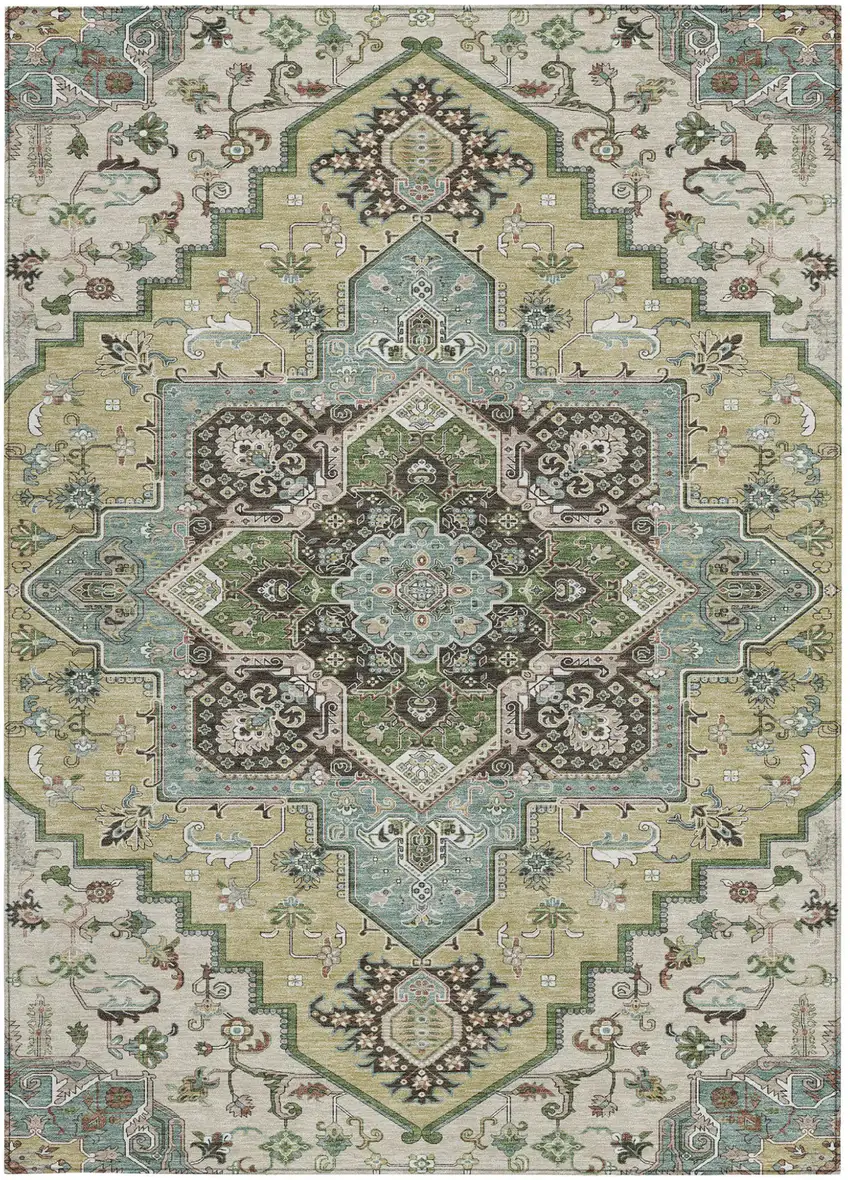 Beige Green And Brown Oriental Washable Indoor Outdoor Area Rug Photo 8