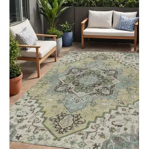 Photo of Beige Green And Brown Oriental Washable Indoor Outdoor Area Rug