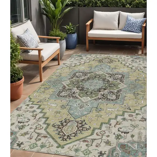 Beige Green And Brown Oriental Washable Indoor Outdoor Area Rug Photo 1