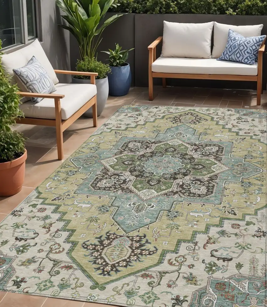 Beige Green And Brown Oriental Washable Indoor Outdoor Area Rug Photo 1