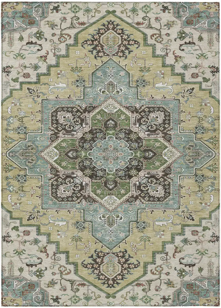 Beige Green And Brown Oriental Washable Indoor Outdoor Area Rug Photo 2