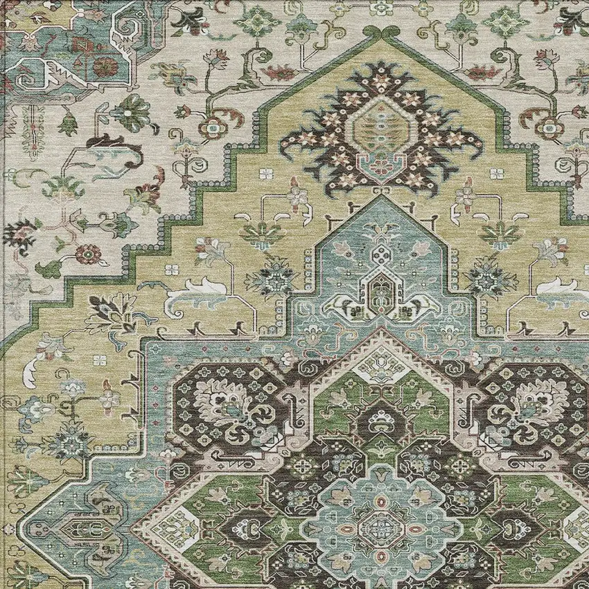 Beige Green And Brown Oriental Washable Indoor Outdoor Area Rug Photo 7