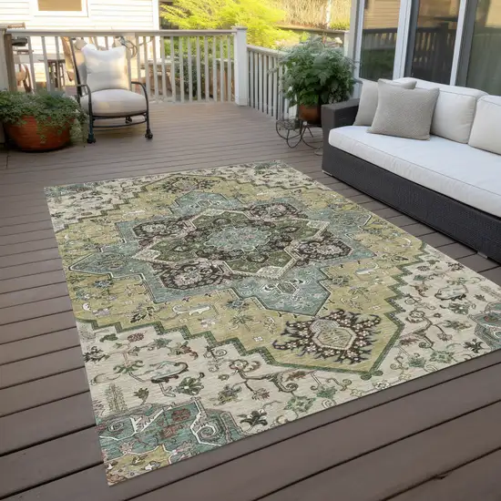 Beige Green And Brown Oriental Washable Indoor Outdoor Area Rug Photo 9