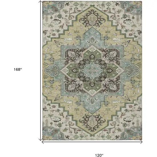 Beige Green And Brown Oriental Washable Indoor Outdoor Area Rug Photo 3