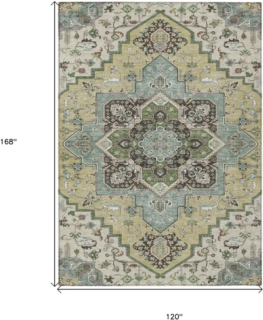Beige Green And Brown Oriental Washable Indoor Outdoor Area Rug Photo 8