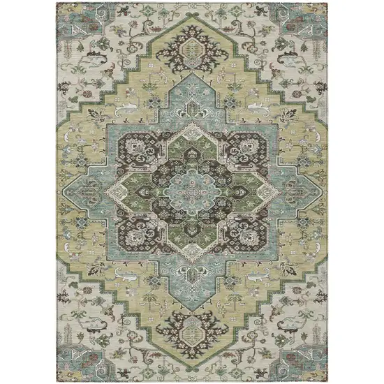 Beige Green And Brown Oriental Washable Indoor Outdoor Area Rug Photo 2