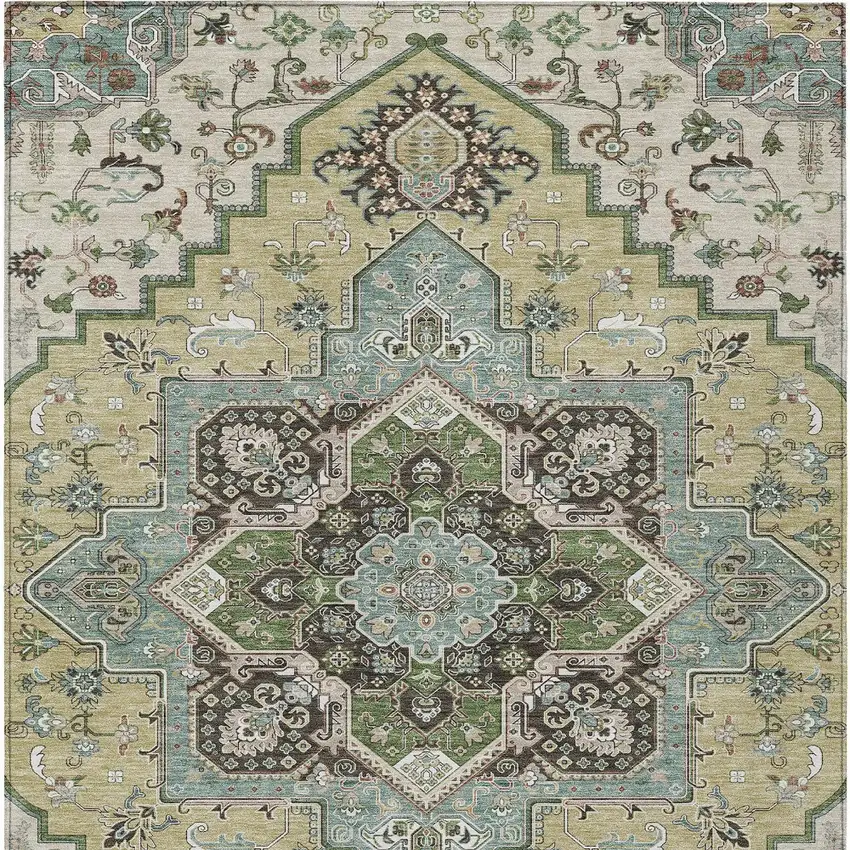 Beige Green And Brown Oriental Washable Indoor Outdoor Area Rug Photo 8