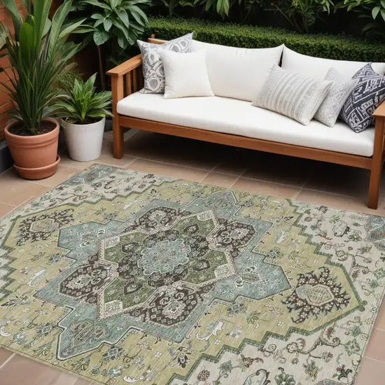 Beige Green And Brown Oriental Washable Indoor Outdoor Area Rug Photo 1
