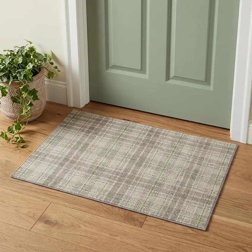 Beige Green And Tan Plaid Washable Area Rug With UV Protection Photo 1