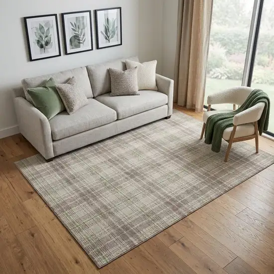 Beige Green And Tan Plaid Washable Area Rug With UV Protection Photo 1