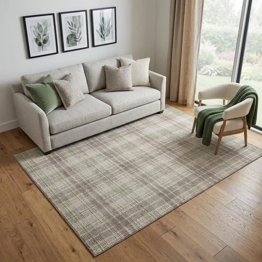 Beige Green And Tan Plaid Washable Area Rug With UV Protection Photo 1