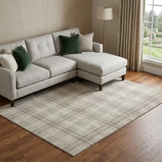 Beige Green And Tan Plaid Washable Area Rug With UV Protection Photo 1