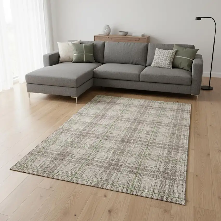 Beige Green And Tan Plaid Washable Area Rug With UV Protection Photo 2