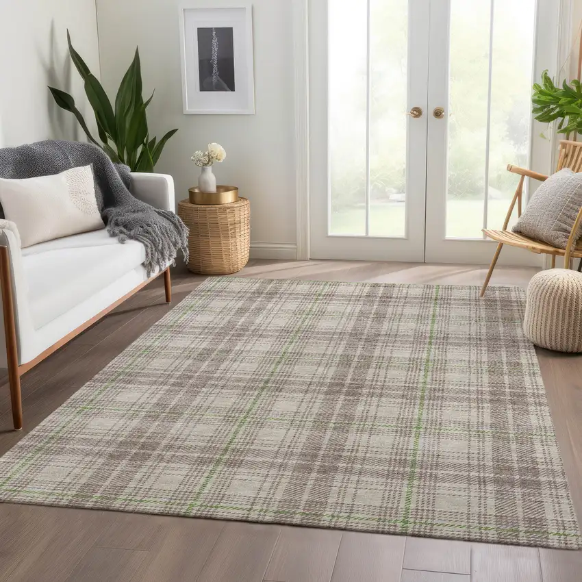 Beige Green And Tan Plaid Washable Area Rug With UV Protection Photo 5