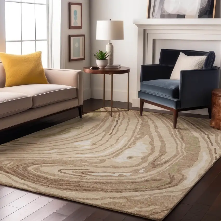 Beige Green And Taupe Abstract Washable Area Rug With UV Protection Photo 2