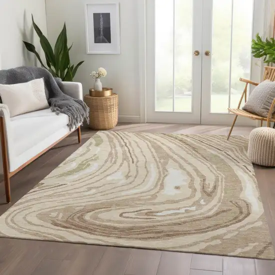 Beige Green And Taupe Abstract Washable Area Rug With UV Protection Photo 3
