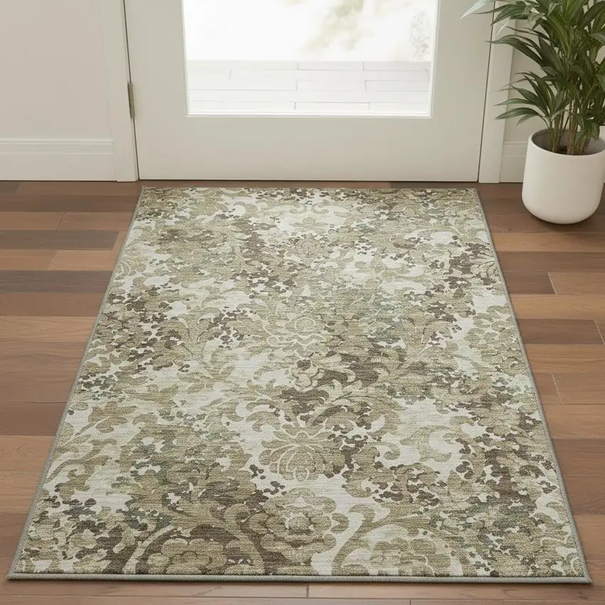 Beige Green And Taupe Floral Washable Area Rug With UV Protection Photo 2
