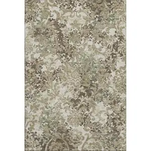 Photo of Beige Green And Taupe Floral Washable Area Rug With UV Protection