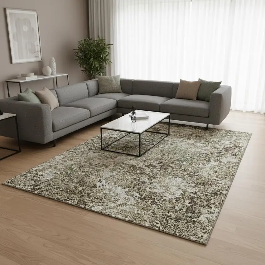 Beige Green And Taupe Floral Washable Area Rug With UV Protection Photo 2