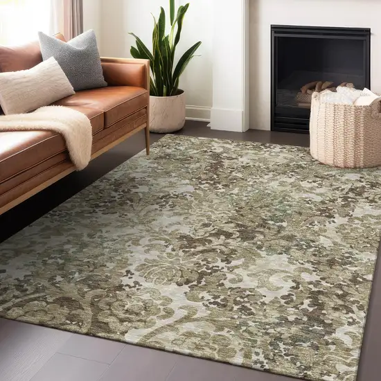 Beige Green And Taupe Floral Washable Area Rug With UV Protection Photo 5