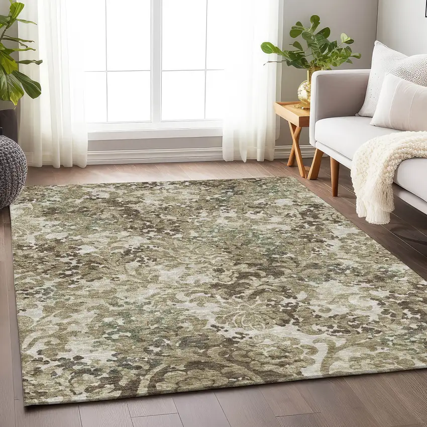 Beige Green And Taupe Floral Washable Area Rug With UV Protection Photo 4