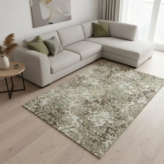 Beige Green And Taupe Floral Washable Area Rug With UV Protection Photo 2