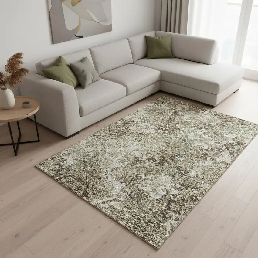 Beige Green And Taupe Floral Washable Area Rug With UV Protection Photo 2