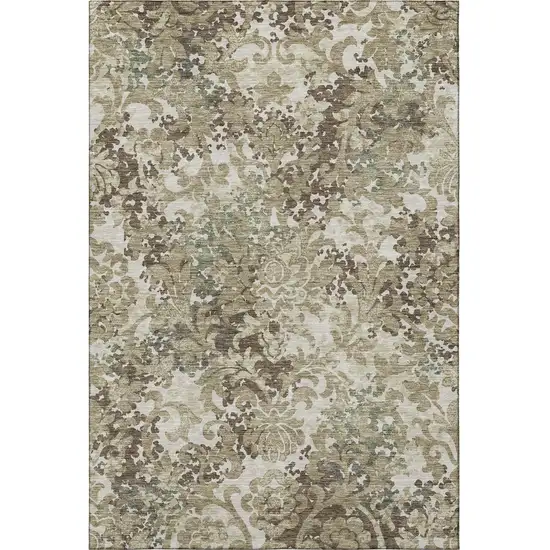 Beige Green And Taupe Floral Washable Area Rug With UV Protection Photo 4