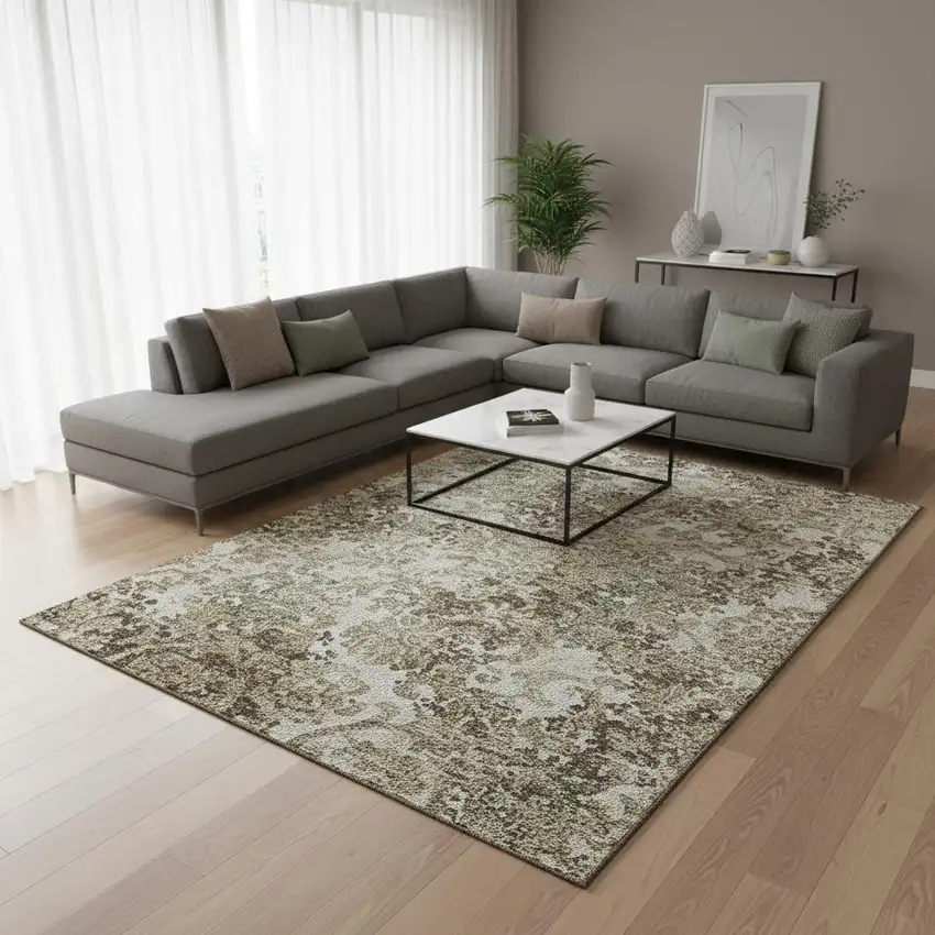 Beige Green And Taupe Floral Washable Area Rug With UV Protection Photo 2