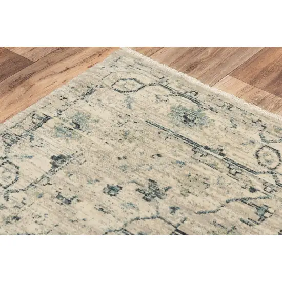 Beige Green Ivory And Blue Wool Medallion Hand Carved Handmade Area Rug Photo 4