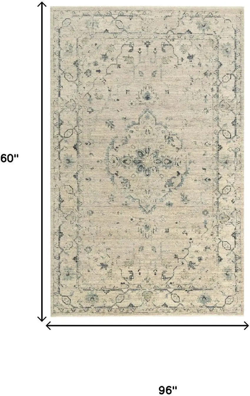 Beige Green Ivory And Blue Wool Medallion Hand Carved Handmade Area Rug Photo 6