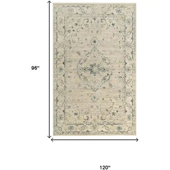 Beige Green Ivory And Blue Wool Medallion Hand Carved Handmade Area Rug Photo 6