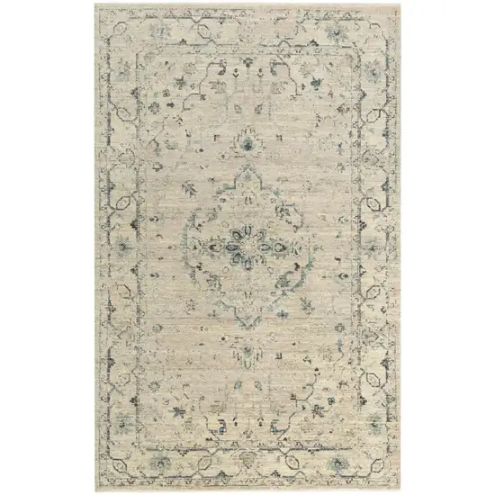 Beige Green Ivory And Blue Wool Medallion Hand Carved Handmade Area Rug Photo 1
